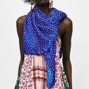 ZARA Blue/White Polka Dot Pleated Scarf